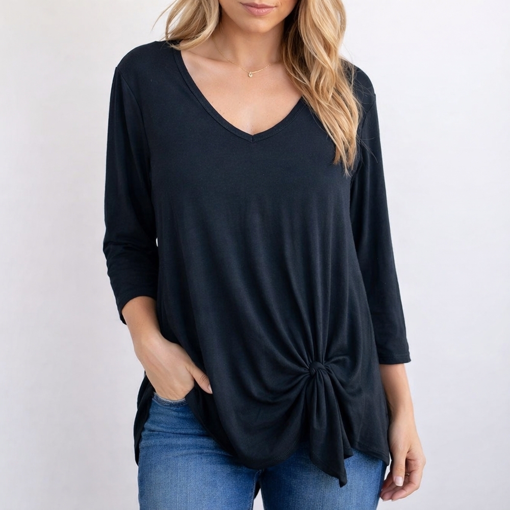 Karen Kane Black V-Neck Asymmetrical Hem Top 3/4 Sleeve Knot Detail Boho Tunic